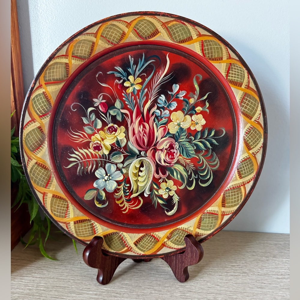 Floral Decorative Wood, Hand Painted Plate